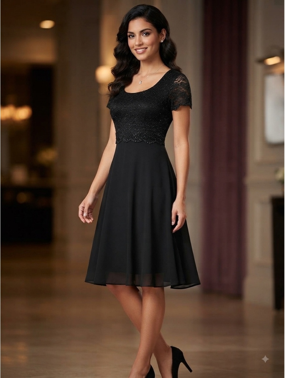 Night Way Collections Black Lace and Chiffon Dress Size 8